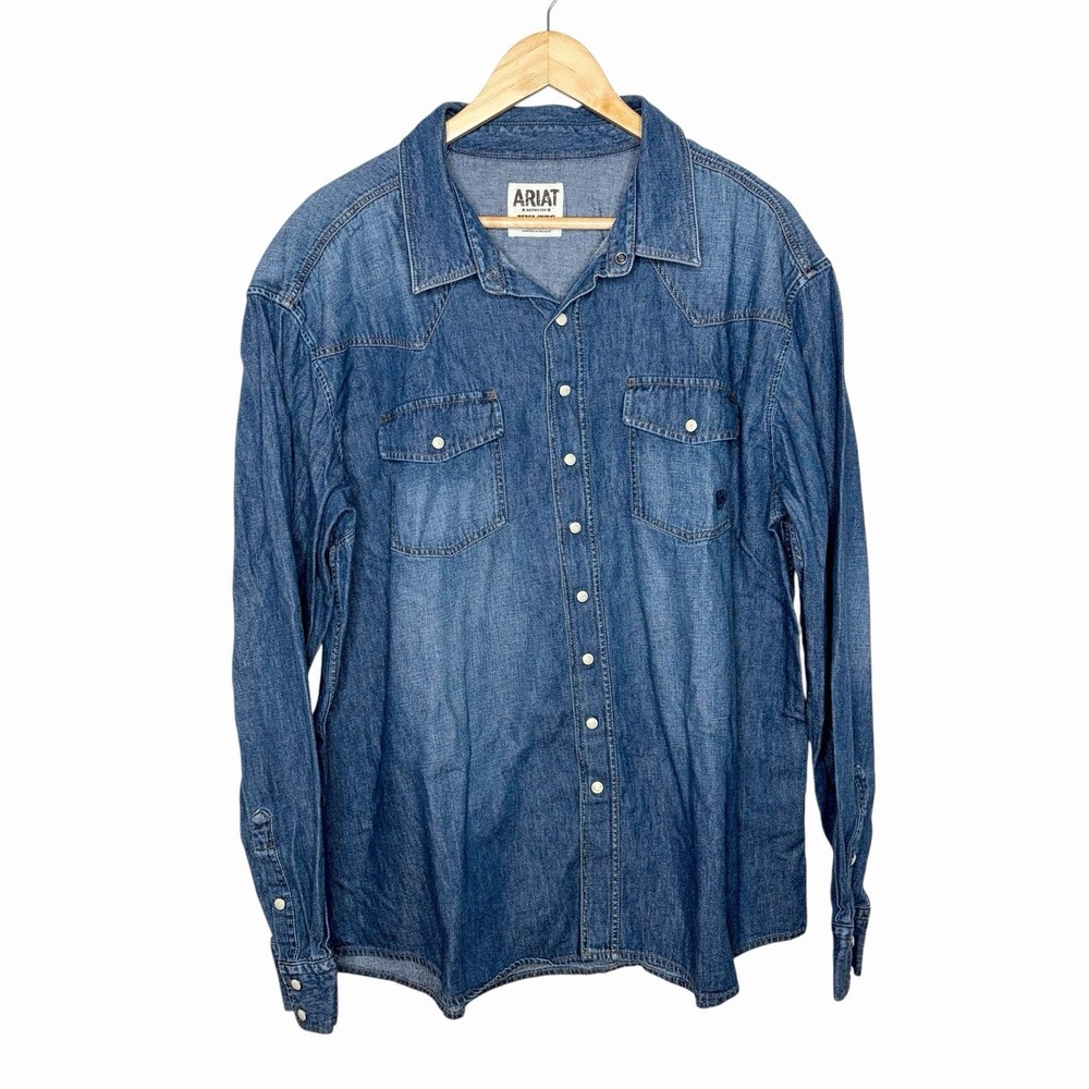 Ariat Retro Fit Denim Pearl Snap Shirt Mens XXL Western Rodeo Cowboy Festival